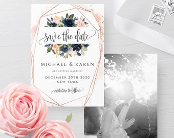 Blush Navy Wedding Save the Date Photo Template Printable Floral Save the Date Editable Save the Date Template Instant Download Templett F6