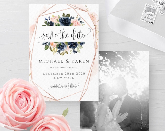 Blush Navy Wedding Save the Date Photo Template Printable Floral Save the Date Editable Save the Date Template Instant Download Templett F6