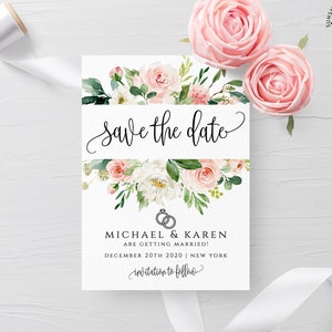 Plantilla para guardar la fecha de boda con flores en blanco ruborizado Plantilla para guardar la fecha imprimible Plantilla para guardar la fecha editable Descarga instantánea Plantilla PDF F5