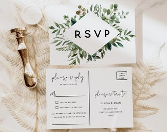Plantilla de postal de invitación de boda con vegetación, RSVP de postal de boda, RSVP imprimible, texto editable, descarga instantánea, G5