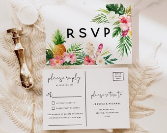 Hawaiian Beach Wedding PSVP Postcard Template, Wedding Invitation Postcard RSVP, RSVP Kindly Reply, Tropical Wedding, Instant Download, H1