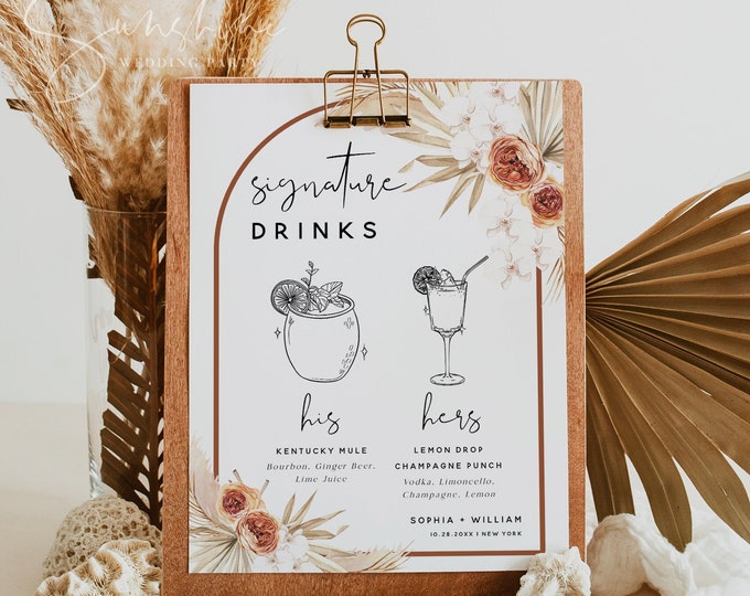 Signature Drink Sign Template, Terracotta Wedding, Signature Drink Signs, His and Hers Drink Bar Sign, Pampas Grass, Editable Template, T4