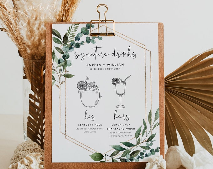 Greenery Signature Drink Sign Template, Modern Wedding Signature Drink Signs, His and Hers Drink Bar Sign, Editable Template, G5