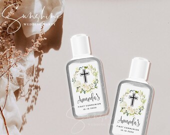 Hand Sanitizer Label, White Floral Baptism Label, Printable Christening Mini Hand Sanitizer Favor, Editable Text, Instant Download, Templett