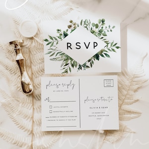 Greenery Hochzeitseinladung PSVP Postkartenvorlage, Hochzeitspostkarten-RSVP, druckbare Antwort, bearbeitbarer Text, Sofort-Download, G5