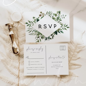 Greenery Wedding Invitation PSVP Postcard Template, Wedding Postcard RSVP, Printable RSVP Kindly Reply, Editable Text, Instant Download, G5