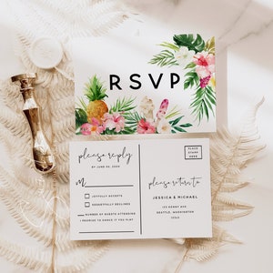 Plantilla de postal PSVP para boda en la playa hawaiana, postal de invitación de boda RSVP, RSVP con respuesta amable, boda tropical, descarga instantánea, H1