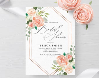 Bridal Shower Invitation Template Peach Floral Bridal Shower Invitation Template Printable Editable Template Instant Download Templett F1