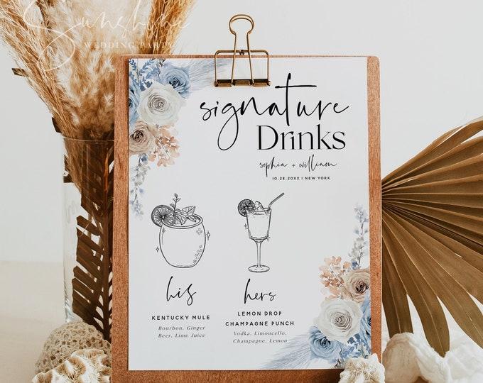 Signature Drink Sign Template, Blue Champagne, Boho Wedding, Signature Drink Signs, His and Hers Drink Bar Sign, Editable Template, F23