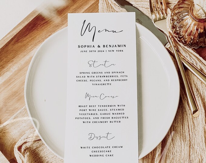 Modern Wedding Menu Template, Minimalist Menu Cards, Printable Menu Cards, Simple Menu Cards, Wedding Menu, Instant Download, Templett, M10