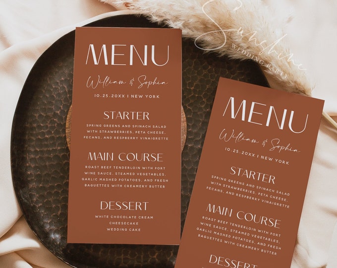 Modern Terracotta Menu Template for Wedding, Bridal Shower, Baby Shower, Birthday Party, Baptism, Minimalist Menu Cards, Printable Menu, T1