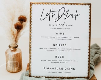 Let's Drink Menu Template, The Bar Menu, Minimalist Wedding Menu, DIY Printable Menu, Instant Download, Editable Reception Dinner Menu, M7