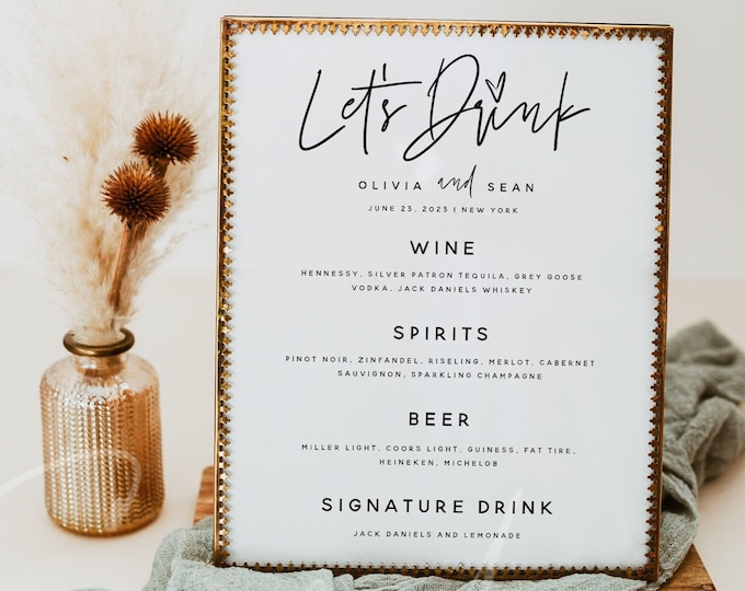 Let's Drink Menu Template, The Bar Menu, Minimalist Wedding Menu, DIY Printable Menu, Instant Download, Editable Reception Dinner Menu, M7