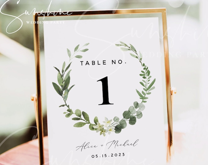 Eucalyptus Greenery Wedding Table Number Sign Template, Printable Wedding Table Number Card Template, Editable Instant Download, Templett G3