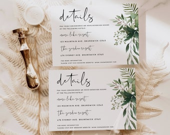 Greenery Wedding Details Card Template, Greenery Accommodations Cards, Printable Wedding Greenery Details Card, Instant Download Templett G5