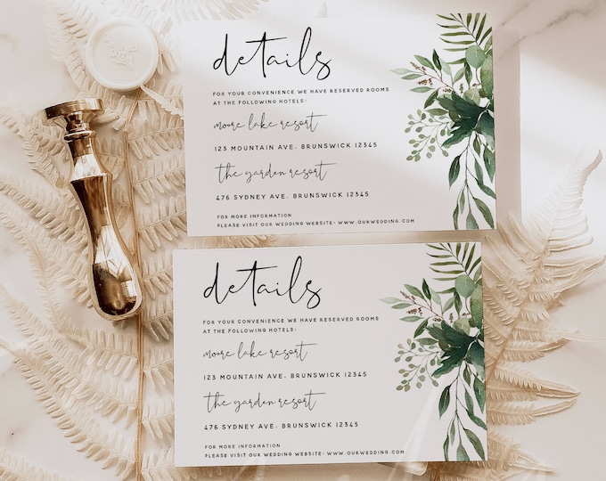 Greenery Wedding Details Card Template, Greenery Accommodations Cards, Printable Wedding Greenery Details Card, Instant Download Templett G5