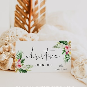 Plantillas para tarjetas de lugar de boda hawaianas, tarjetas de lugar plegables para boda, tarjetas de lugar planas para boda, tarjetas con nombre para mesa de boda, descarga instantánea, H1