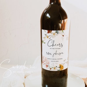 Plantilla de etiqueta para botella de vino, flores de jardín, despedida de soltera bohemia, saludos a la futura señora, etiquetas para botellas de vino, descarga instantánea, bricolaje, F16