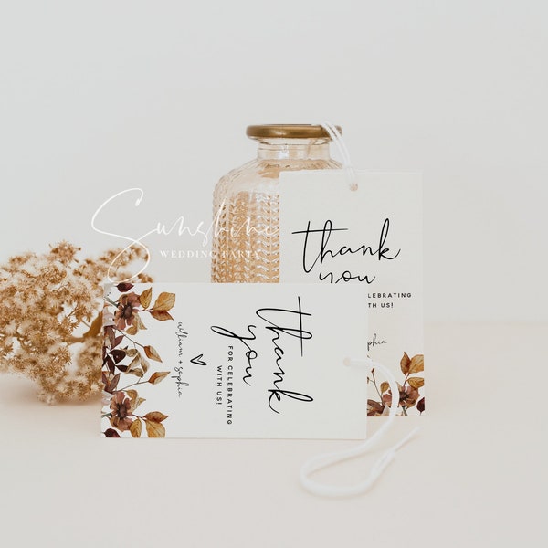 Boho Fall Leaves Wedding Favor Tag Template, Autumn Wedding, Thank You Favor Tag, Reception Tags, Printable Tags, DIY Editable Template, F29