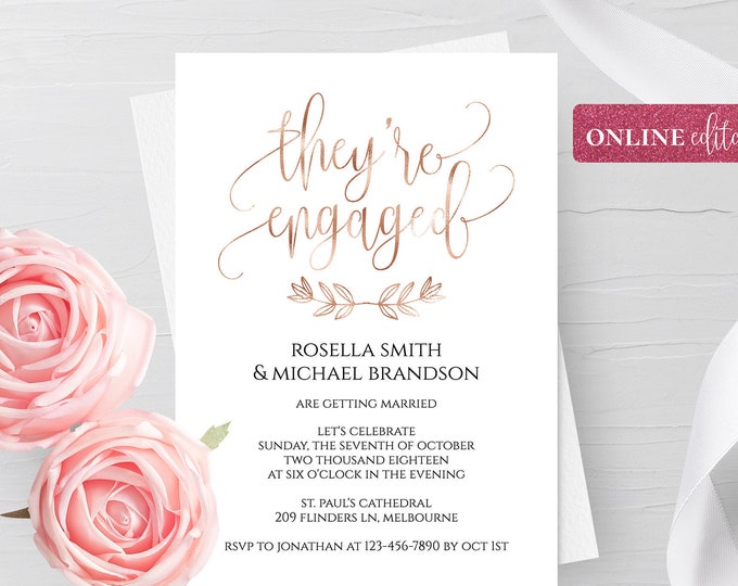 Rose Gold Foil Engagement Invitation Template Online Editable Rose Gold Invitation Template Engagement Invitation Digital Instant Download