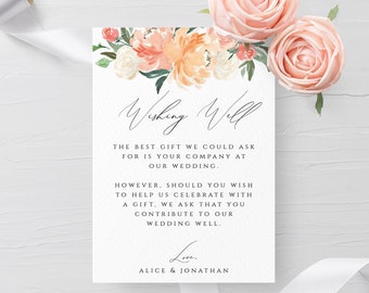Peach Floral Wedding Wishing Well Card Template Wedding Invitation Template Printable Editable Wishing Well Templett Instant Download F1