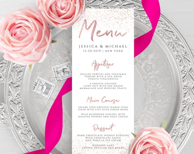 Rose Gold Wedding Menu Template Printable Flat Menu Template Printable Editable Wedding Menu Rose Gold Menu Templett Instant Download PDF M1