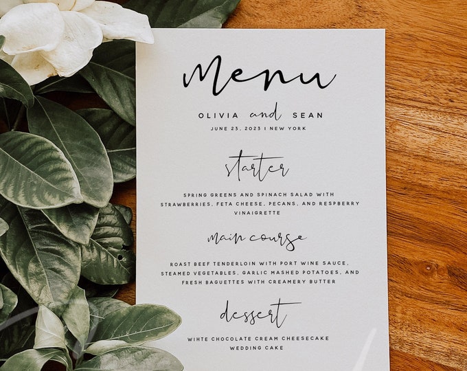 Modern Menu Template, Wedding Menu, Minimalist Wedding Menu, DIY Printable Menu, Instant Download, Reception Dinner Menu, 100% Editable, M8