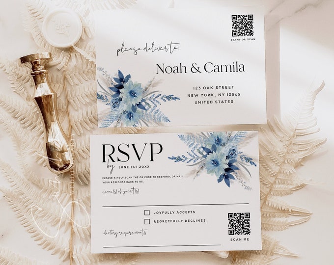 QR Code RSVP Card Template, Dusty Blue Floral Wedding, Wedding Reply Cards, Printable RSVP Cards, Editable Template, Digital Download, F20