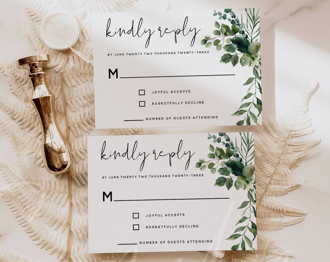 Greenery Wedding RSVP Card Template, Greenery Wedding RSVP Cards, Printable Greenery Kindly Reply RSVP Cards, Instant Download, Templett, G5