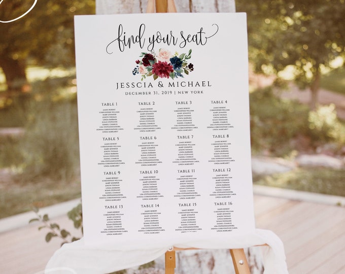 Marsala Burgundy Navy Seating Sign Template Wedding Seating Chart Template Printable Wedding Seating Template Instant Download Templett F3