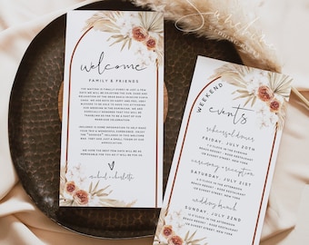 Terracotta Welcome Letter Itinerary Template, Order of Events, Welcome Bag Note, Pampas Grass, Bohemian Wedding, DIY Editable Template, T4