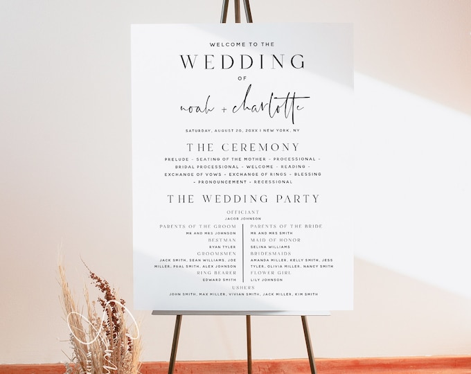 Wedding Program Sign Template, Modern Minimalist, Order of Service, Printable Program, Program Sign, Instant Download, DIY Editable, M15