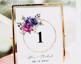 Blue Purple Wedding Table Number Sign Template, Printable Wedding Table Number Card Template, Editable Sign, Instant Download, Templett, F9