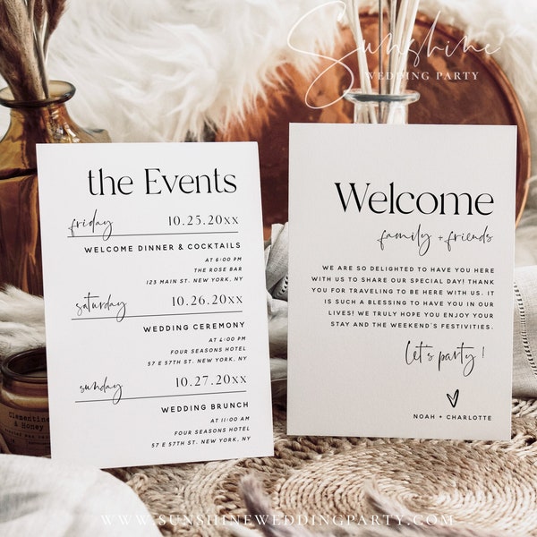 Wedding Weekend Events Itinerary Card Template, Modern Minimalist, Wedding Events Timeline, Wedding Welcome Bag Note, Wedding Schedule, M15