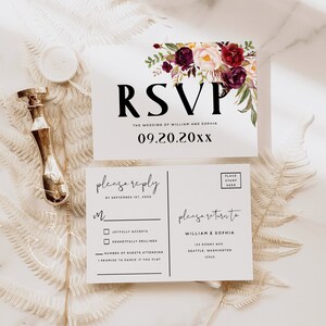 Modèle de carte postale floral PSVP vieux rose bordeaux, carte postale de mariage RSVP, RSVP imprimable Veuillez répondre, texte modifiable, téléchargement immédiat, F2