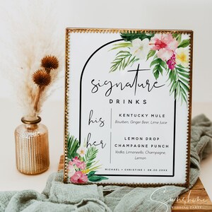 Tropical Beach Signature Drinks Schild Vorlage, Sommerhochzeit, Signature Drinks Schild, His and Hers Drink Bar Schild, DIY bearbeitbare Vorlage, H1