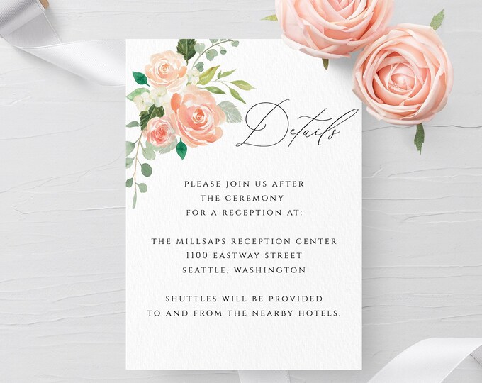 Wedding Details Card Template Editable Printable Peach Floral Wedding Information Card Wedding Accommodations Card Template PDF Templett F1