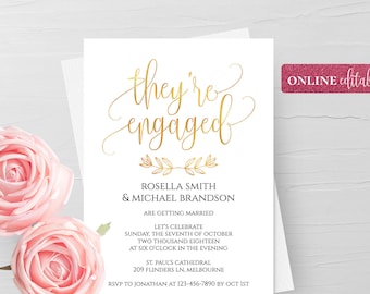 Gold Foil Engagement Invitation Template Online Editable Gold Foil Invitation Template Gold Engagement Invitation Digital Instant Download