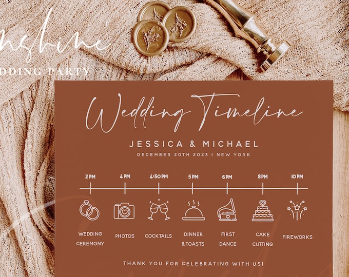 Terracotta Wedding Itinerary Template, Modern Wedding Timeline Template, Minimalist Printable Wedding Timeline, Instant Download Templett T1