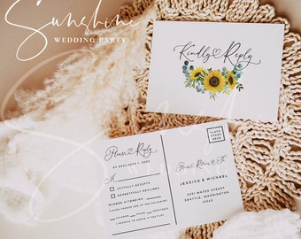 Sunflower Eucalyptus RSVP Postcard Template, Printable Wedding Postcard RSVP, Editable RSVP, Instant Download, Templett, Invitation, F13