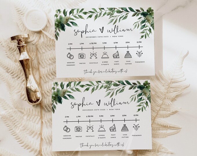 Greenery Wedding Itinerary Template, Wedding Timeline Template, Printable Itinerary Cards, Order of Events, Instant Download, Templett, G5