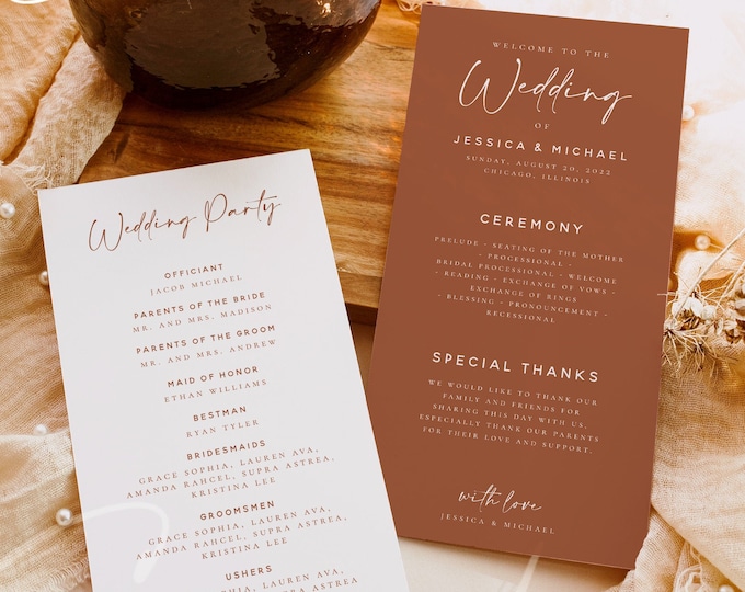 Terracotta Wedding Program Template, Terracotta Modern Order of Service, Editable, Earthy Printable Program, Instant Download, Templett, T1