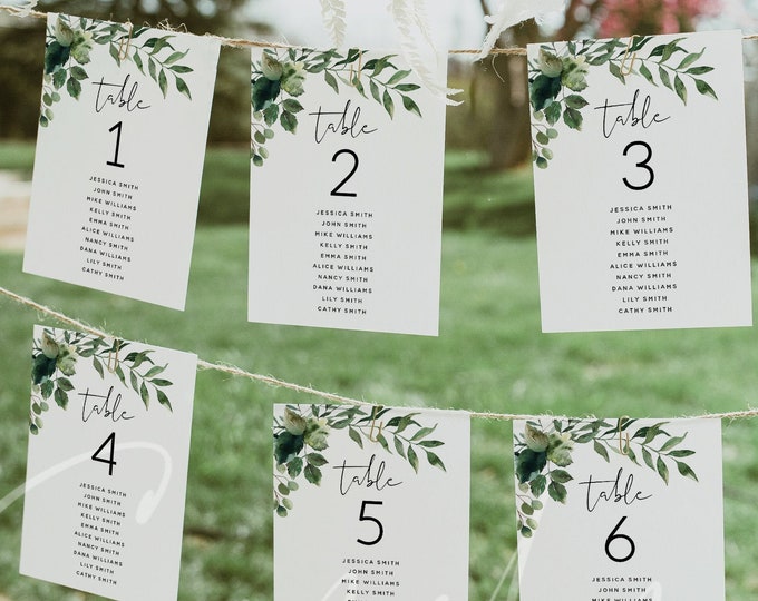 Greenery Wedding Seating Signs Template, Seating Chart Template, Printable DIY Table Seating Signs Template, Instant Download, Templett, G5