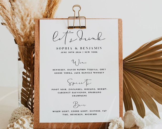 Modern Wedding Let's Drink Menu Template, Minimalist The Bar Menu Signs, Printable Menu Cards, Wedding Menu, Instant Download, Templett, M10