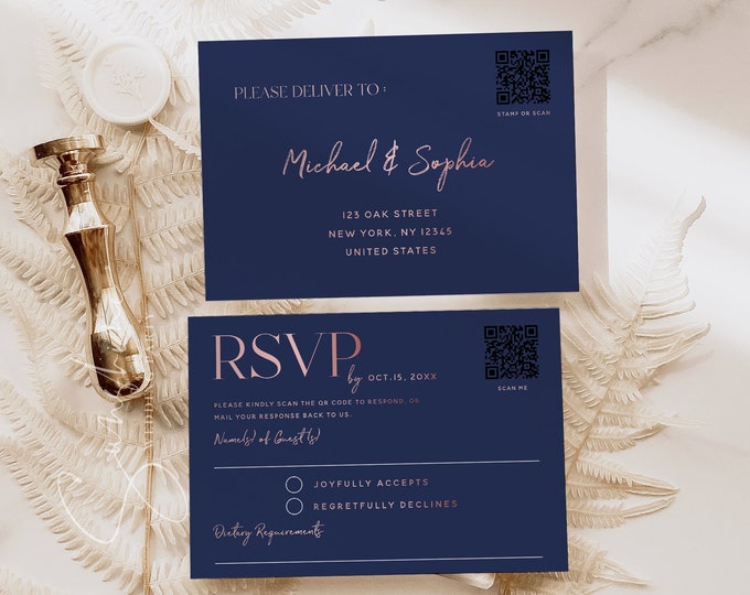 QR Code RSVP Card Template, Navy Blue Rose Gold, Wedding Reply Card, Printable RSVP,  Editable Template, Minimalist, Digital Download, N1