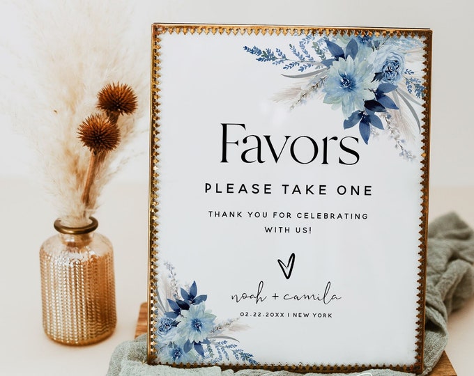 Dusty Blue Floral Favors Sign Template, Bohemian Wedding Favors Signs, Printable Favors Sign, Editable Favors Sign, Digital Download, F20