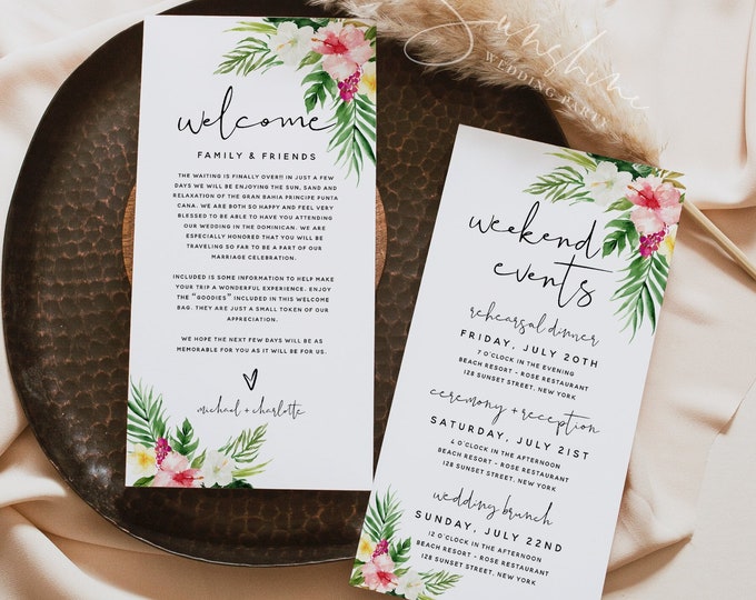 Hawaiian Tropical Welcome Letter Itinerary Template, Beach Wedding, Order of Events, Welcome Bag Note, Summer Wedding, Editable Template, H1