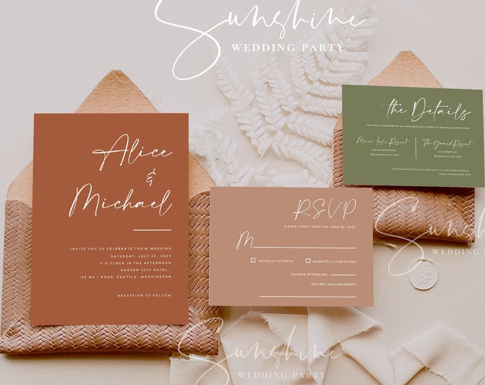 Terracotta Wedding Invitation Suite, Burnt Orange Wedding Invitation Template Set, Rustic Wedding Invite, Modern Minimalist Bohemian, T1