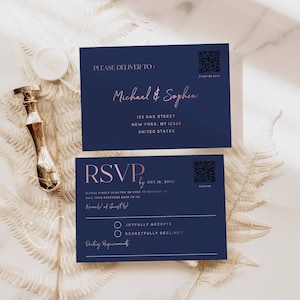 RSVP-kaartsjabloon QR-code, marineblauw roségoud, antwoordkaart bruiloft, afdrukbare RSVP, bewerkbare sjabloon, minimalistisch, digitale download, N1