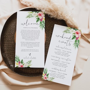 Plantilla de itinerario de carta de bienvenida tropical hawaiana, boda en la playa, orden de eventos, nota de bolsa de bienvenida, boda de verano, plantilla editable, H1